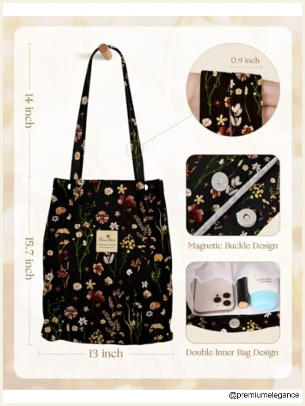Corduroy Tote Bag - Reusable with Magnetic Buckle & Inner Pocket